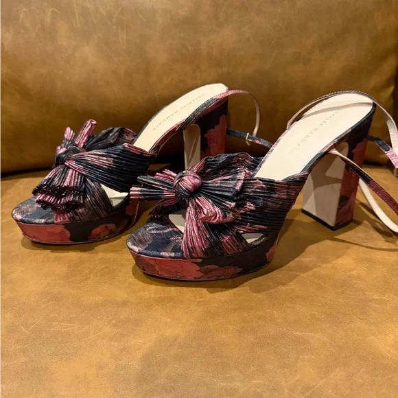 Loeffler Randall ✿ Natalia Pleated Knot Platform Heel Sandal ✿ Metal Floral 9.5